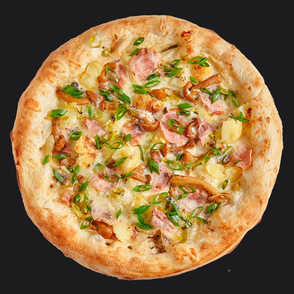 Пицца с грибами, ветчиной и запеченым картофелем  заказать доставку в Красноярске | «Перцы» в Красноярске