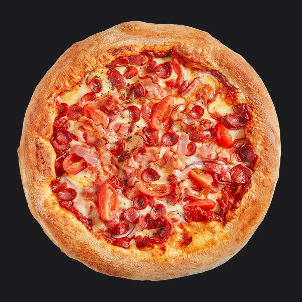 Пицца с беконом, колбасками и печёными овощами Пицца с беконом, колбасками и печёными овощами заказать доставку в Красноярске | «Перцы» в Красноярске