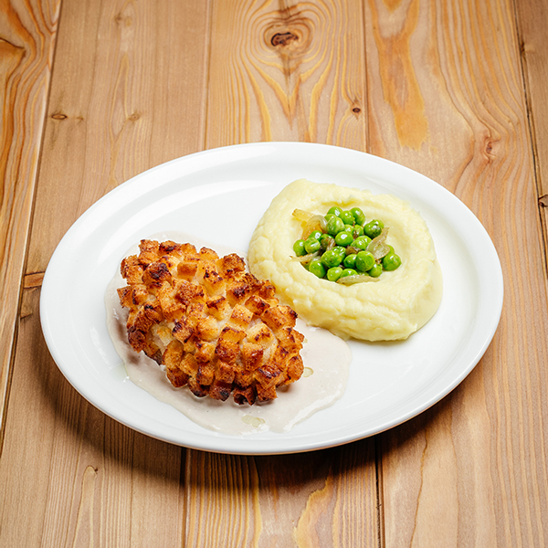 Пожарская котлета из цыплёнка с картофельным пюре Пожарская котлета из цыплёнка с картофельным пюре заказать доставку в Красноярске | Доставка «Беллини»