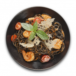 Спагетти неро с креветками в томатно-сливочном соусе заказать доставку в Красноярске | Доставка «Беллини»
