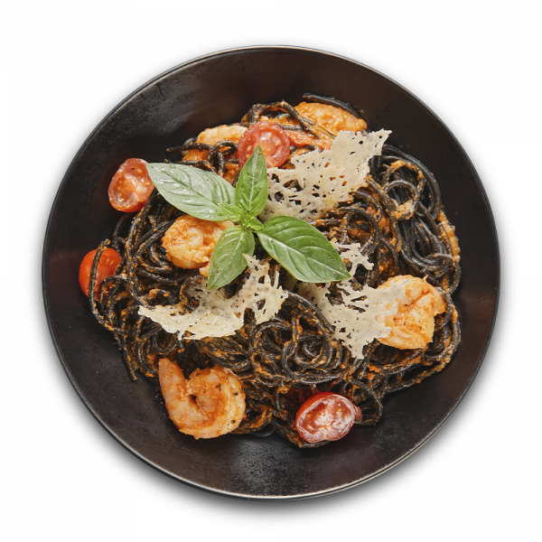 Спагетти неро с креветками в томатно-сливочном соусе заказать доставку в Красноярске | Доставка «Беллини»