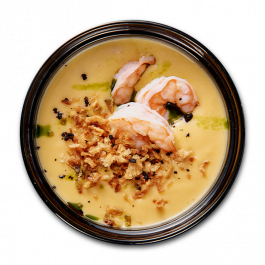 Сырный крем-суп с креветками и луком фри заказать доставку в Красноярске | Доставка «Беллини»