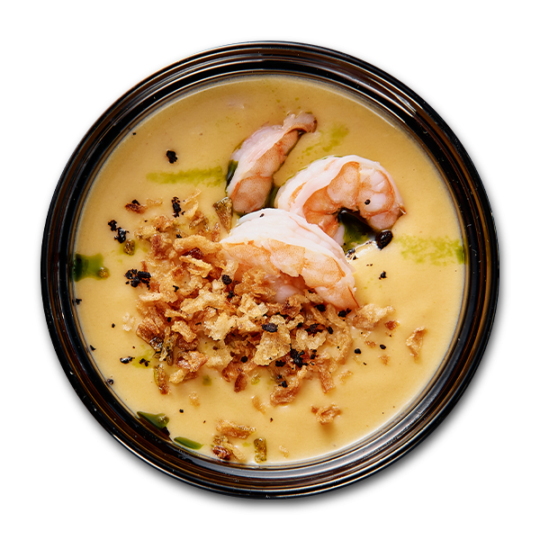 Сырный крем-суп с креветками и луком фри заказать доставку в Красноярске | Доставка «Беллини»